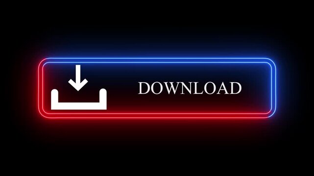 Futuristic neon download button with red and blue light frame and download icon.