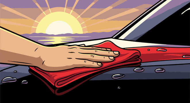 Hand polishing a car's surface at sunrise near a body of water
