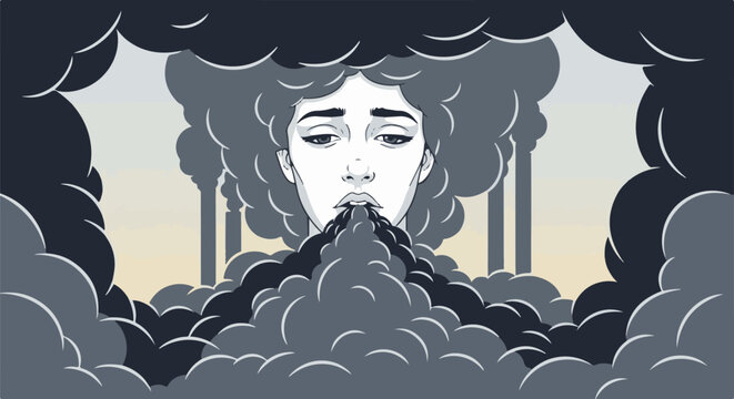 Smog chokes a face, plumes rising from industrial smokestacks under a hazy sky