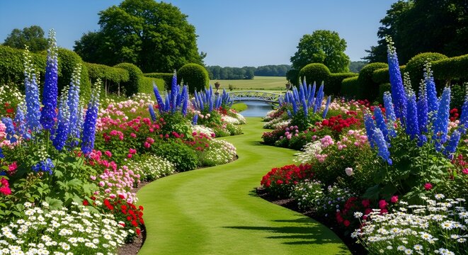 Sunlit ribbon of emerald lawn winds between exuberant flower borders packed with delphiniums, roses and daisies, leading the eye toward shimmering ponds and distant parkland beneath a cloud‑dappled bl