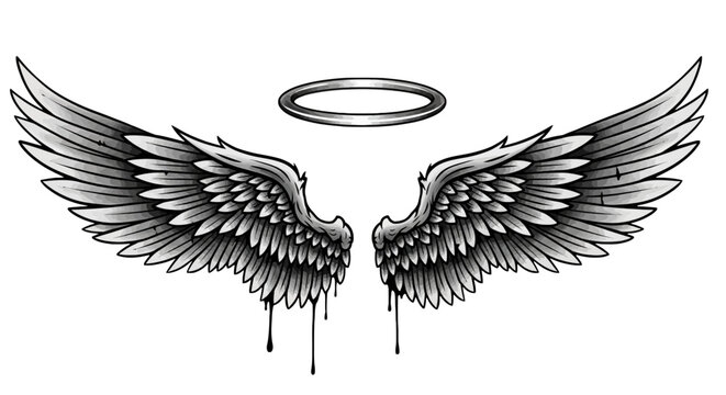 Gothic angel wings with halo vector illustration, dark aesthetic feathered wings with dripping ink, celestial guardian tattoo design element