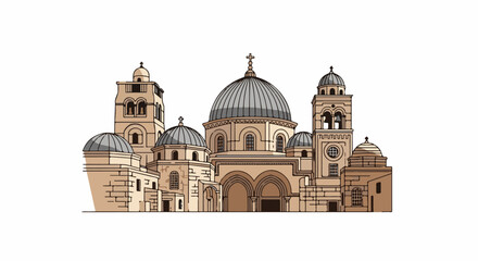 Obraz premium Stylized illustration of a grand religious complex featuring multiple domes and towers