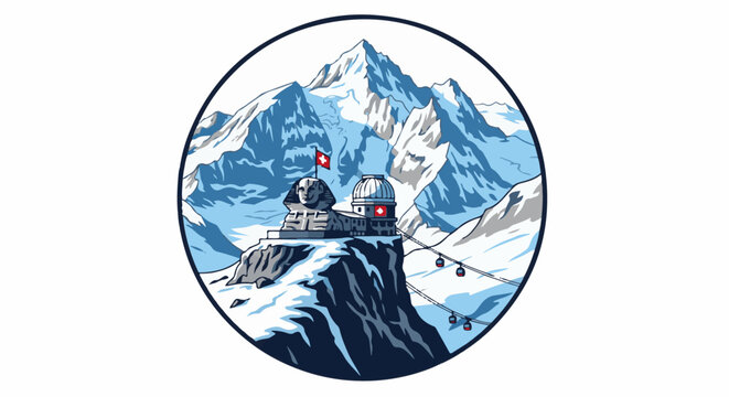 Snowy mountain range with a Sphinx statue, observatory, and cable cars
