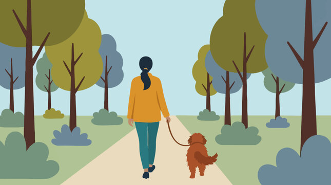 Woman Walking Dog on Leash in a Stylized Park Illustration