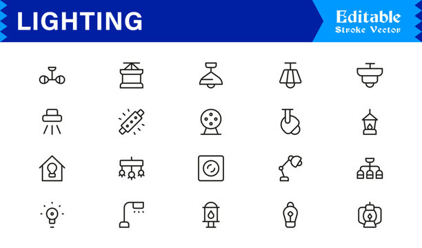 Lighting Equipment and Fixture Icons &ndash; Professional Line Icon Set with Minimal and Editable Style