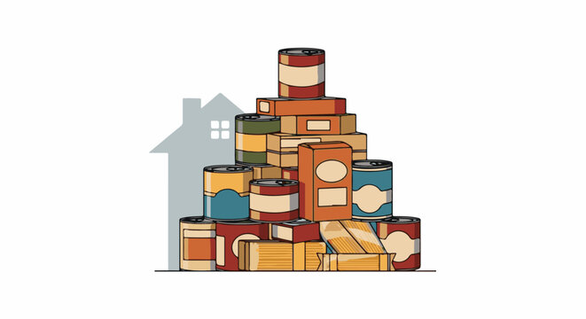 Stacked canned goods and boxes of pasta with a house silhouette