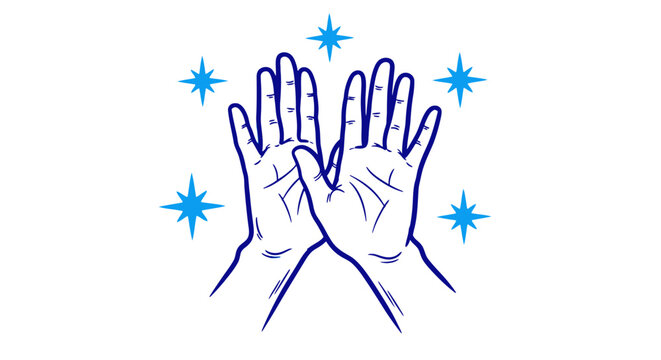 Clean hands line art vector, hygiene and sanitization concept with sparkling stars, blue outline of human palms for health and safety branding