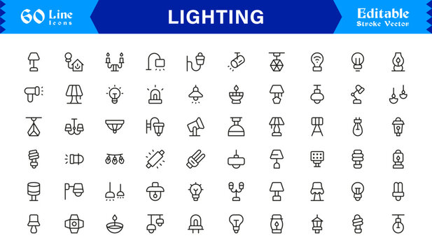 Lighting Equipment and Fixture Icons &ndash; Professional Line Icon Set with Minimal and Editable Style