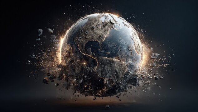 A fragmented planet explodes outwards with glowing energy and debris