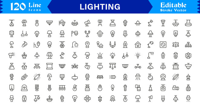 Lighting Equipment and Fixture Icons &ndash; Professional Line Icon Set with Minimal and Editable Style