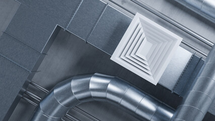 Fototapeta premium Ventilation engineering, HVAC system. Metal air ducts and ceiling diffuser installed in building, обеспечивают airflow distribution и поддерживают indoor climate control.
