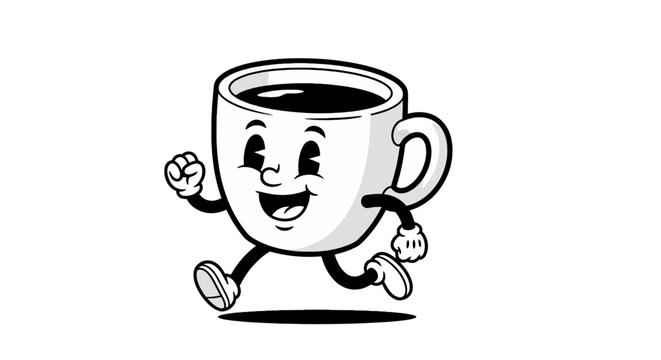 Vintage rubber hose coffee mascot, retro cartoon cup character running with energy, classic 1930s animation style coffee mug vector illustration