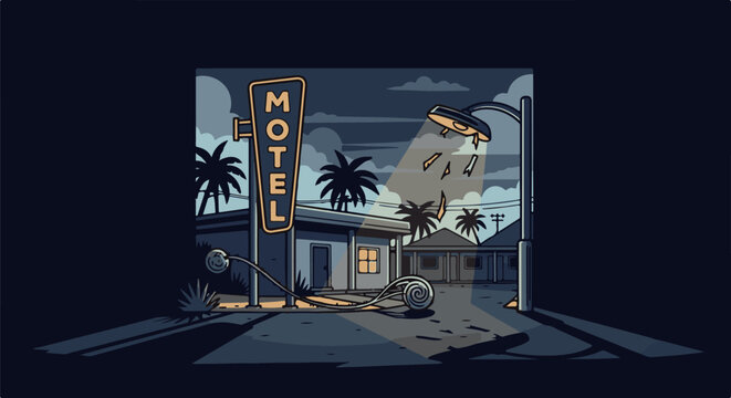Retro motel under alien lights, palm trees and shadowy night