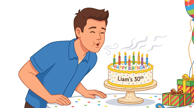A man in a blue shirt blows out the candles on a birthday cake decorated with 'Happy Birthday' and 'Liam's 30th', celebrating a milestone 30th birthday with gifts and balloons.