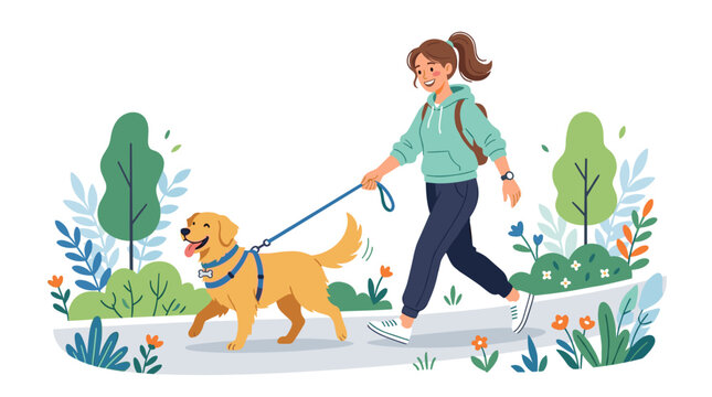 A woman enjoys a brisk walk with her happy golden retriever on a paved path, surrounded by decorative trees and abundant foliage, signifying a refreshing outdoor excursion.