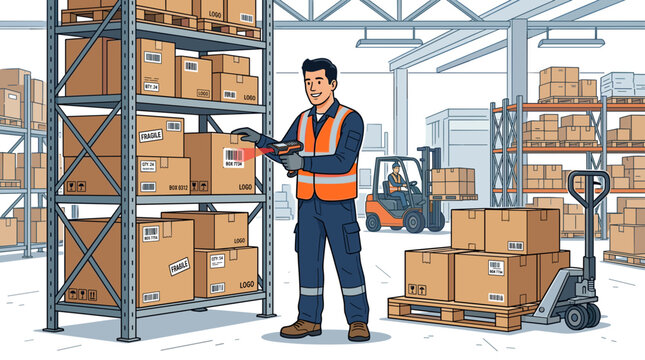 A male warehouse worker in a high-visibility vest and hard hat uses a handheld scanner to check inventory near tall shelves stacked with cardboard boxes in a large distribution center.