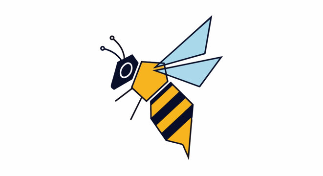 Minimalist yellow and black striped bee with blue wings, outlined in dark blue