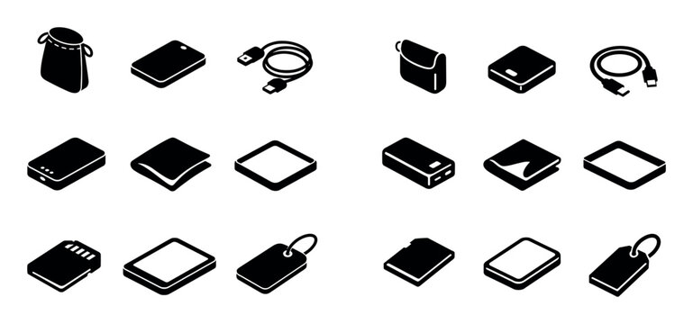 Outline technology icons set for gadgets featuring bag, charger, cable and tag elements
