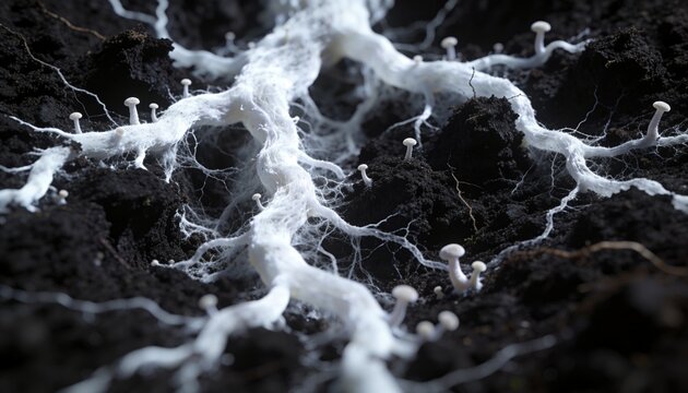 Sprawling white mycelial network covering soil surface, showing thick cords, fine hyphae, pinheads