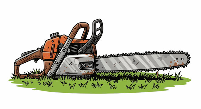 Rusty orange and gray chainsaw rests horizontally on a patch of green grass, ready for use