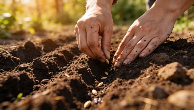 Planting soil-covered bare hands placing small oval seeds into garden furrow, with warm sunlight
