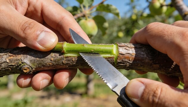 Trimming gardener's hands slicing green scion on woody branch at apple orchard, with serrated knife