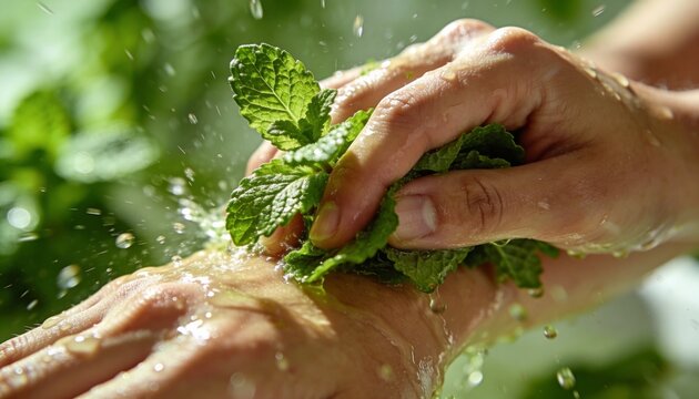 Pressing hands rubbing fresh mint leaves on bare forearm in garden, water droplets splashing