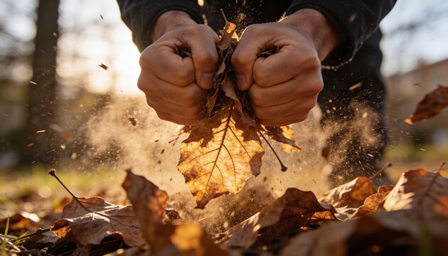 Squeezing hands wearing dark sweater crushing dry deciduous leaf at park, with glowing leaf dust