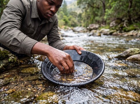 River gold panning close up of manual prospecting in a stream for outdoor adventure background and documentary use