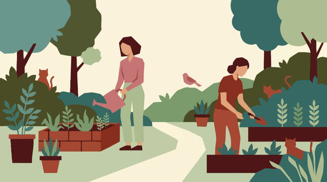 Flat design illustration of women gardening in a vibrant backyard with pets