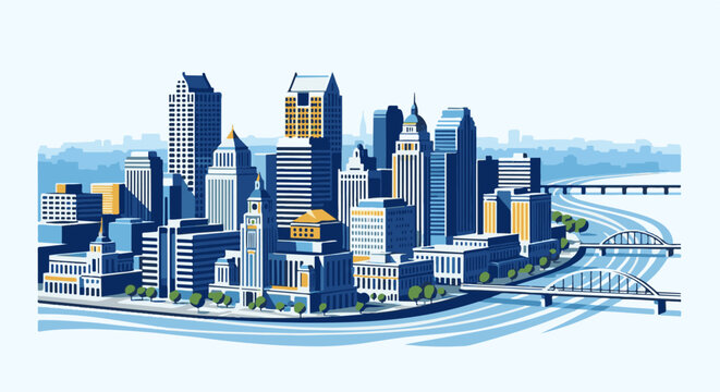 Modern pixel art cityscape with towering buildings and a winding river with bridges