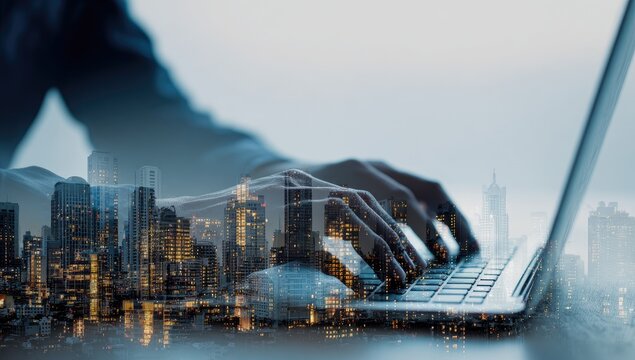 Double Exposure of Hands Typing on Laptop with Cityscape Overlay.