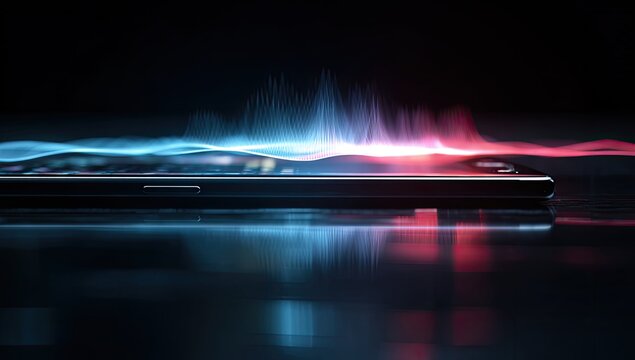 Abstract sound waves in vibrant blue and red emanate from a sleek device