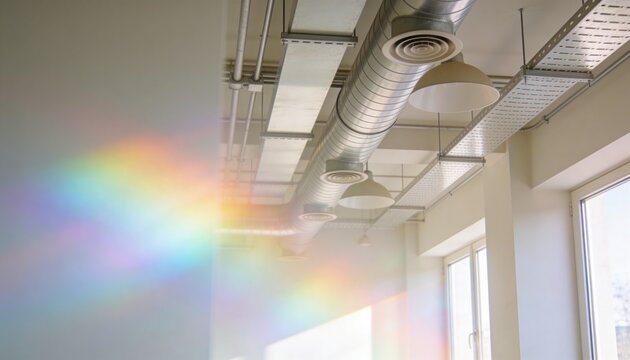Displaying exposed HVAC ducts with vents and pendant lights near tall windows casting rainbow light