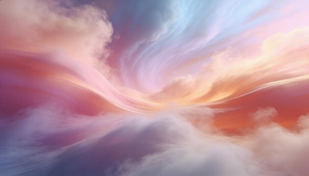 Swirling pastel ribbon cloud vortex curving across sky over misty mirror sea with luminous horizon