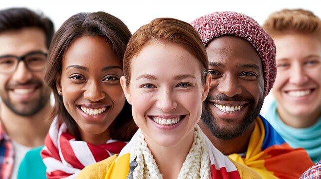 Eine diverse Gruppe junger l&auml;chelnder Menschen steht eng beisammen vor wei&szlig;em Hintergrund.