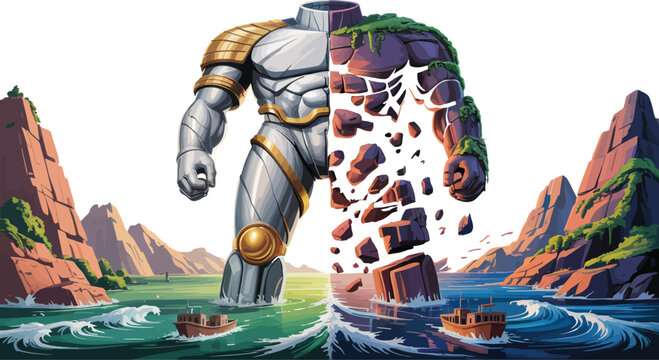 Titan Transformation: A surreal artwork depicts a colossal figure, half mechanical and half natural, emerging from the sea, embodying the fusion of technology and nature.