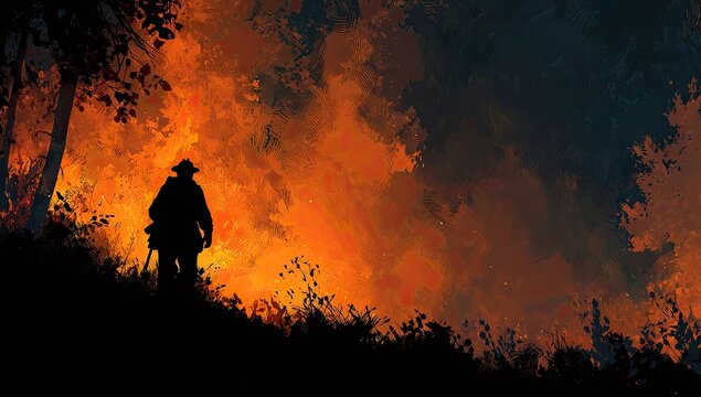 Firefighter Silhouetted Against Wildfire Blaze.