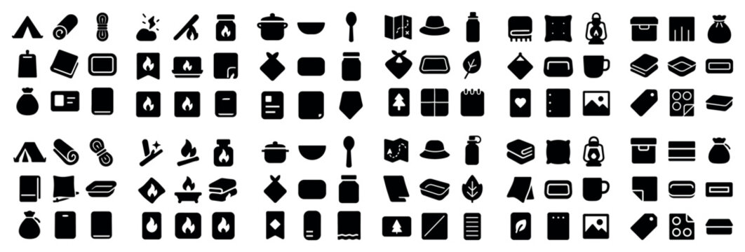 Camping and outdoor cooking design icons with hat, map and book for dashboard interface in minimal style