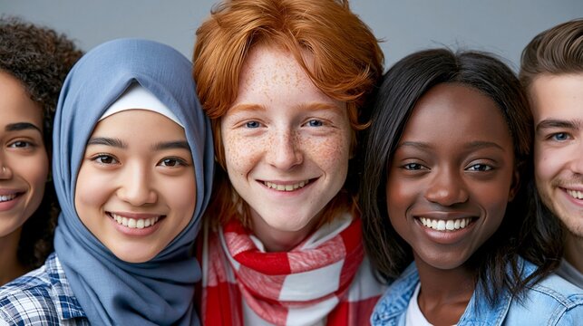 F&uuml;nf junge Menschen unterschiedlicher Herkunft l&auml;cheln gemeinsam fr&ouml;hlich in die Kamera.
