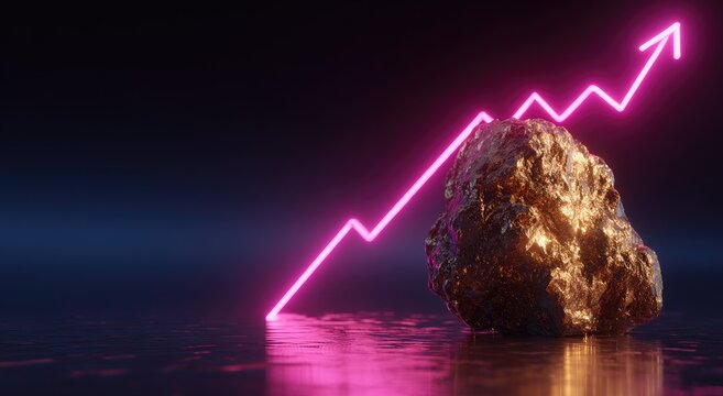 A metallic nugget on a dark surface with a bright neon upward trend