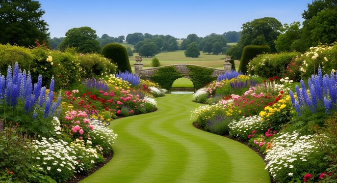Gently rippling stripes of emerald lawn weave through exuberant cottage‑style borders bursting with roses, foxgloves and daisies, guiding the gaze toward distant fields and hedgerows under a soft, haz