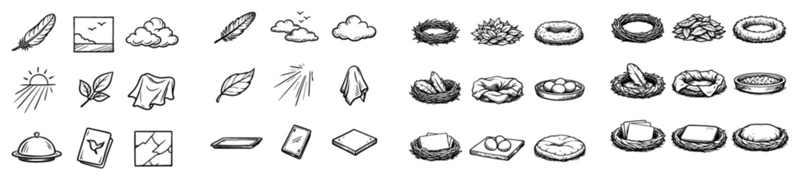 Food and nature vector symbols with nest egg bowl for infographic layout in hand drawn design