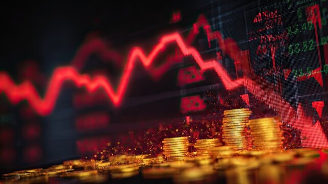 Golden coins and red stock charts depict financial decline
