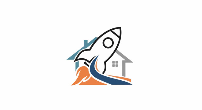 Stylized rocket launching from behind houses, symbolizing rapid growth or new beginnings