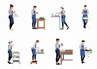 Fototapeta premium Vector illustration collection of professional chefs and food stylists decorating gourmet dishes with edible flowers, isolated on a white background.