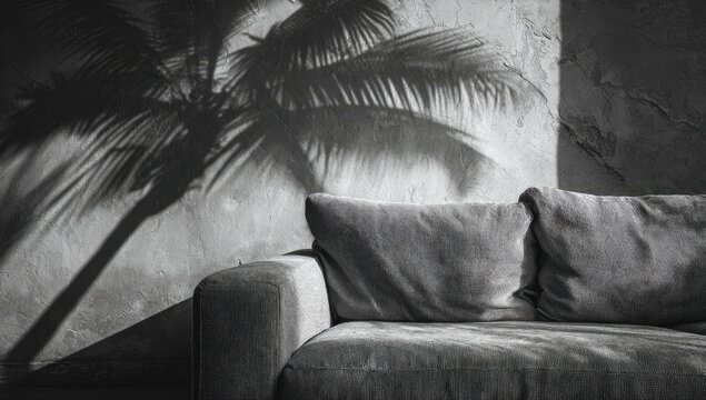 Soft sofa with dramatic palm tree shadow cast on textured wall