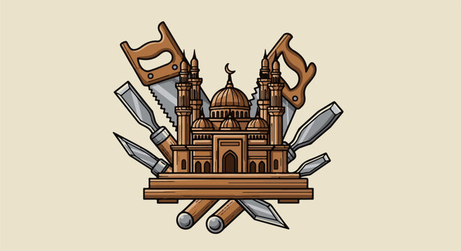 Ornate wooden mosque emblem surrounded by carpentry tools saws, chisels, and wooden dowels