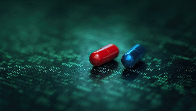 Two pills, red and blue, resting on a digital, glowing matrix background