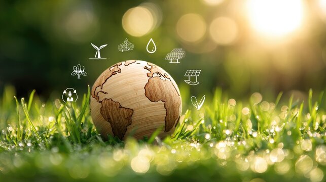 Wooden Earth globe with green icons symbolizing renewable energy and nature